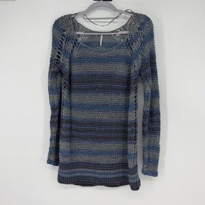 Free People Striped Knit Pullover Sweater Long Sleeve Blue Grey M‎ Slouchy Boho